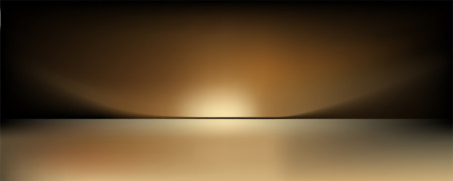 Dark gold gradient background studio with two lights shiny abstract pattern, modern and luxury empty room interior for premium product display lighting.