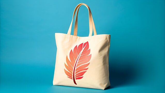 Reusable shopping bag with leaf print isolated on a bright blue background