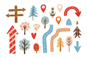 Navigational Harmony: A collection of whimsical, hand-drawn illustrations, including arrows, pointers, trees, roads and heart, offers a playful guide for design and exploration.