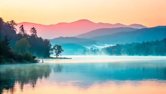 Scenic landscape of lake and mountains at sunrise with fog and trees