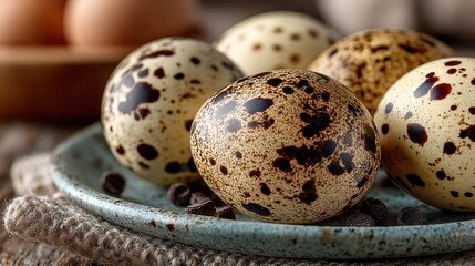 Fototapeta premium Quail eggs on a plate, speckled brown and beige, with peppercorns