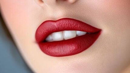 Fototapeta premium Bold Red Lips Trend Stunning Closeups of a Beautiful Woman with Glossy Lips and Radiant Smile