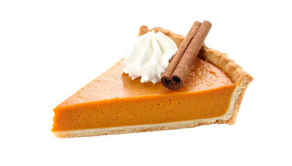 Pumpkin pie slice with whipped cream topping and cinnamon stick, isolated on transparent background.