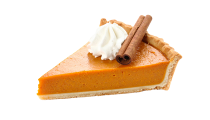 Pumpkin pie slice with whipped cream topping and cinnamon stick, isolated on transparent background.