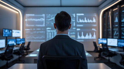Back view of a financial analyst in a modern control room monitoring real-time data charts and statistics on a large digital screen.
