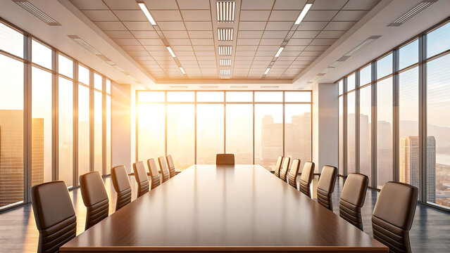 Elegant boardroom with stunning city view bathed in golden light ready for important business decisions