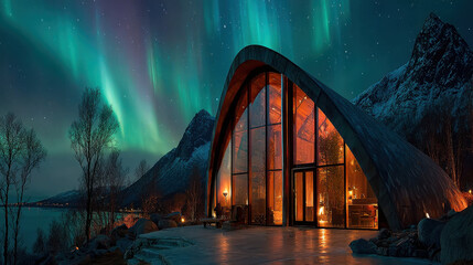 Stunning mountain cabin illuminated by northern lights, showcasing unique architectural design against starry night sky. vibrant colors of aurora borealis create magical atmosphere