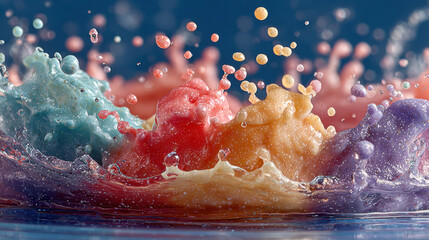 Colorful splashes of liquid create vibrant and dynamic scene, showcasing mix of pastel hues in motion. droplets capture essence of creativity and playfulness, evoking sense of joy and excitement