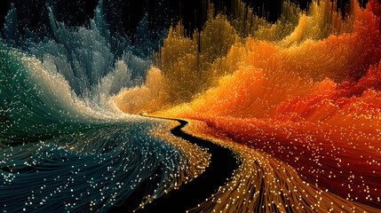 Colorful fiber optics create mesmerizing wave of light, flowing in vibrant hues of blue, orange, and gold, evoking sense of wonder and beauty in digital landscape