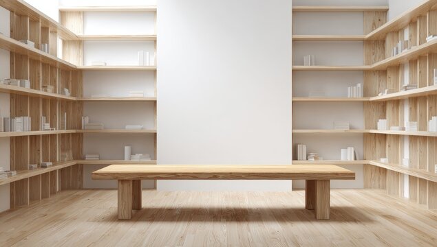Empty light-wood library with long bench - Powered by Adobe