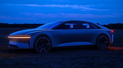 A car drives on a beach as the sun sets over the ocean, its wheels kicking up sand