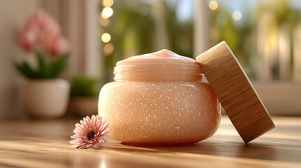 Glossy open face cream jar with wooden lid sits elegantly on wooden surface, accompanied by delicate flower. soft lighting enhances inviting texture and warm ambiance