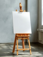 Easel with blank canvas in studio workshop, gray background, sunlit space, ads