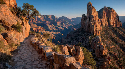 Breathtaking sunrise hike in Grand Canyon reveals stunning rock formations and vibrant golden light illuminating rugged landscape, creating serene and awe inspiring atmosphere