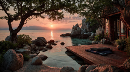 Serene sunrise over tranquil beach, featuring wooden deck surrounded by lush greenery and rocky formations. calm water reflects warm hues of sky, creating peaceful retreat atmosphere