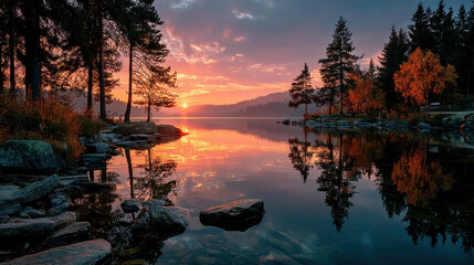Serene sunset over calm lake reflects vibrant colors and distant forests, creating peaceful atmosphere. tranquil water mirrors sky hues, enhancing natural beauty