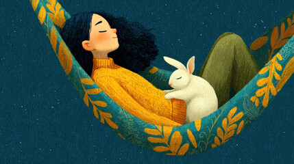 Serene scene of person relaxing in colorful hammock, wearing cozy sweater, with white bunny resting on their stomach. background features starry night sky, creating peaceful atmosphere