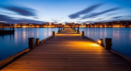 Obraz premium Illuminated wooden pier leading to city skyline at twilight