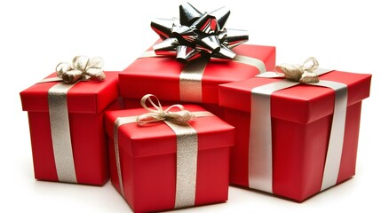 Obraz premium Red Gift Boxes with Silver Ribbons Holiday Presents