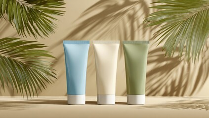 Three tubes of cream, pastel colors, on beige background with palm fronds casting shadows