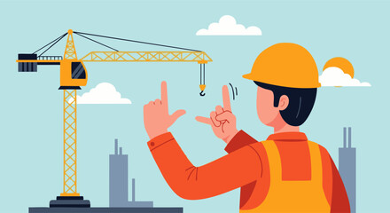 Construction Worker Directing a Crane on a Building Site