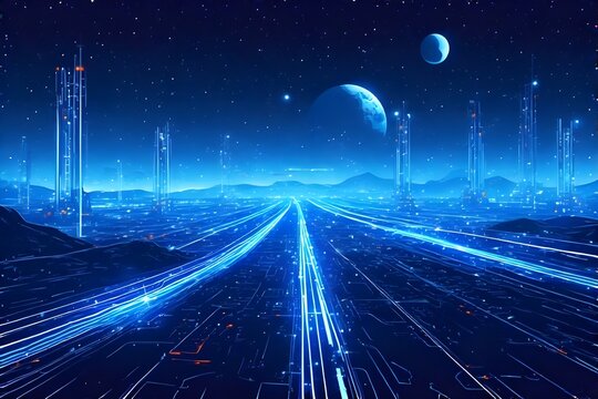 Futuristic Mars Battlefield in 2250 with Laser Highways and Orbital Elevators &ndash; Electric Blue Vector Art in Ultra HD