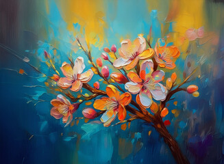 Floral oil painting featuring blooming flowers against a colorful background of blue and yellow. Expressive brushstrokes capture the blossoms and create texture.