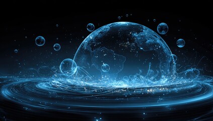 Digital Earth, glowing spheres, swirling energy