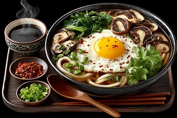 Udon noodles with eggs and mushrooms high resolution picture