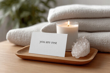 Digital Detox & Burnout Recovery Retreat. A serene setting with a candle, towels, and a message card promoting relaxation.