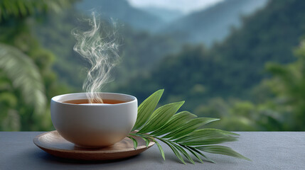 Digital Detox & Burnout Recovery Retreat. Steaming cup of tea with lush green landscape in the background.