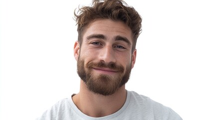 Fototapeta premium A charming man with a beard grins warmly radiating confidence and approachable charisma in a bright studio portrait
