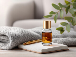 Digital Detox & Burnout Recovery Retreat. Elegant perfume bottle on cozy blanket with notebook and pen in serene setting.