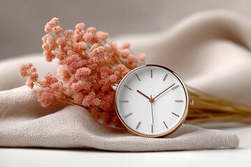 Digital Detox & Burnout Recovery Retreat. Elegant clock beside delicate dried flowers on soft fabric.