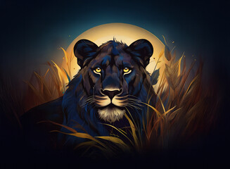 A majestic black panther with piercing golden eyes rests among tall grass under a luminous full moon in the dark background.