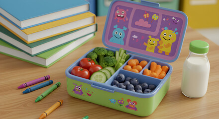 Colorful Kids Lunchbox with Cute Cartoon Characters and Healthy Food.