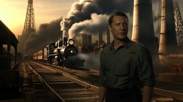 Industrial era man at railway station with steam train and factory chimneys in sunset scene for historical transportation and urban development concept