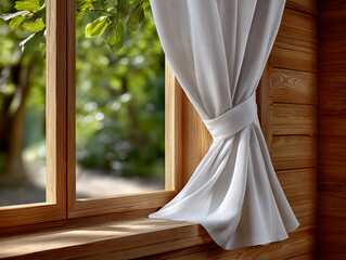 Digital Detox & Burnout Recovery Retreat. Natural light filters through a curtain at a wooden window, enhancing a cozy atmosphere.
