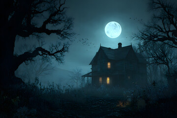 Fototapeta premium Haunted House with Dark Horror Atmosphere. Halloween Haunted Scene House. AI generated