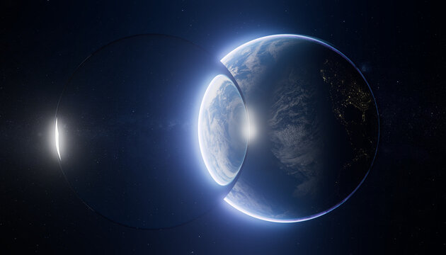 3D Glowing Earth split by glass sphere