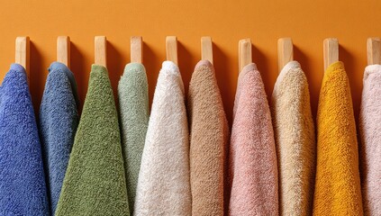 Row of folded towels in various colors, hanging on wooden pegs against an orange backdrop
