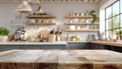 Wooden table top over a blurred kitchen interior