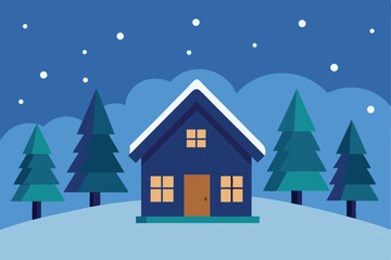 winter cabin in the woods with snow gently falling.eps