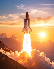Rocket launch at sunset over mountains (3)
