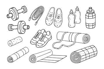 Exercise Equipment Arrangement: A meticulously crafted arrangement of essential workout gear, perfect for fitness-themed projects. Ideal for illustrating exercise routines and wellness initiatives.