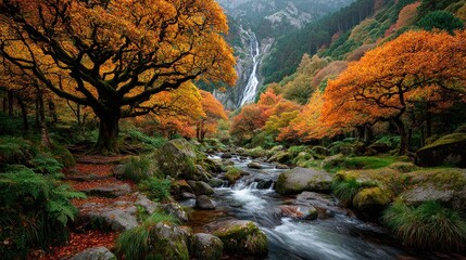 Autumnal forest stream with waterfall