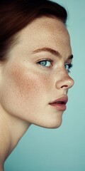 Obraz premium Stunning Close-Up Beauty Portrait of a Young Woman with Freckles and Blue Eyes on Light Background