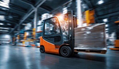 Warehouse forklift moves loaded pallet in busy facility