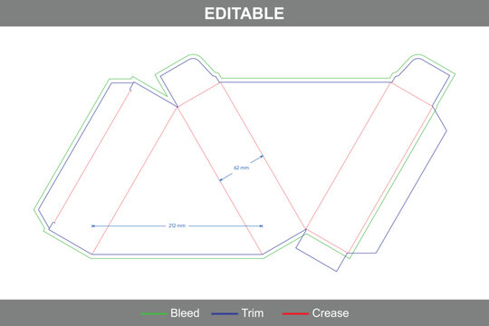 Custom dimensions regular triangle box dieline with mortise lock system, vector packaging template for precise folding, die-cut printing, and secure product box die line design layout