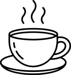 Simple line drawing of a steaming cup of hot coffee or tea on a saucer